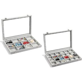 Wudygirl Ice Velvet Jewelry Organizer Tray with Clear Lid Earrings Rings Bracelet Organizer（12+24 Grid）