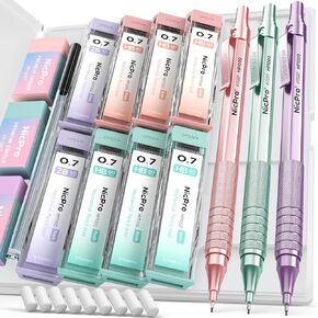 Nicpro 0.5 Metal Mechanical Pencil Set with Case, 3PCS MP1000 0.5mm Pastel Lead Pencils With 480PCS HB 2B Lead Refills, Eraser, Cute Aesthetic Mechanical Pencils for Girls Art Drafting Writing Drawing