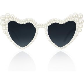 Pearl Sunglasses for Women, Pearl Glasses Vintage Love Heart Shaped Sunglasses for Women Girls Adults Dress up Party