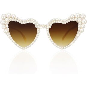 Pearl Sunglasses for Women, Pearl Glasses Vintage Love Heart Shaped Sunglasses for Women Girls Adults Dress up Party