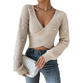 SHENHE Women's Pearl Beaded Criss Cross Wrap V Neck Long Sleeve Crop Top Sweater