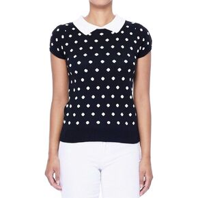 YEMAK Women's Knit Sweater Top – Short Sleeve Polka Dot Contrast Collar Puff Shoulder Classic Casual Knitted Pullover