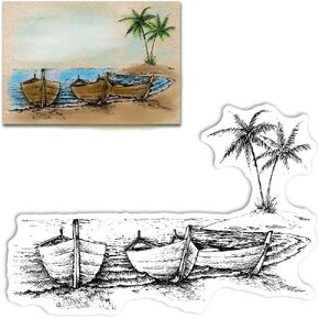 Coconut Trees Boats Clear Stamps for Card Making and Photo Album Decorations, Summer Sea Beach Scenery Transparent Silicone Rubber Stamps for Card Making and DIY Scrapbooking