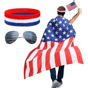 American Flag Costume Cape Set, USA Sunglasses and Flag Headband for Men Women 4th of July Independence Day Celebration Halloween Party Accessories
