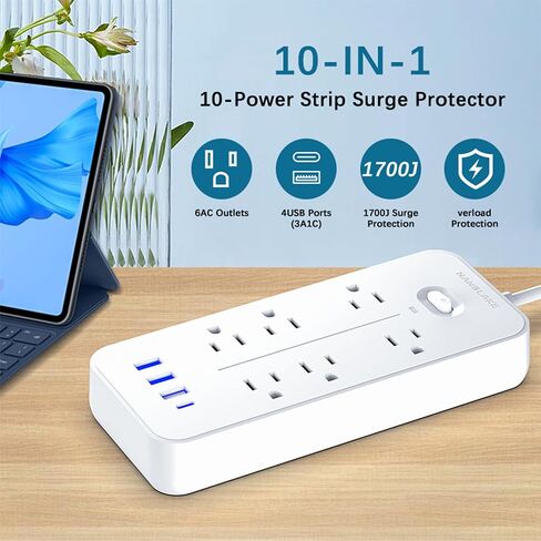 شريط طاقة واقي من زيادة التيار مع منافذ USB، سلك تمديد بطول 6 أقدام، 6 منافذ تيار متردد، حماية عالية من زيادة التيار 1700 جول، متعدد الاستخدامات، صغير الحجم، موسع منفذ قابل للتركيب لمكتب النوم المنزلي، أبيض in Saudi Arabia
