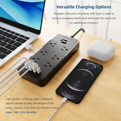 شريط طاقة واقي من زيادة التيار مع منافذ USB، سلك تمديد بطول 6 أقدام، 6 منافذ تيار متردد، حماية عالية من زيادة التيار 1700 جول، متعدد الاستخدامات، صغير الحجم، موسع منفذ قابل للتركيب لمكتب النوم المنزلي، أبيض in Saudi Arabia