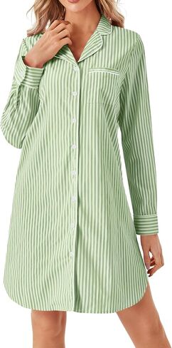 Vrtige Women's Striped Nightgown Collar V Neck Long Sleeve Button Down Nightwear Top Sleep Shirts Nightdress in Saudi Arabia
