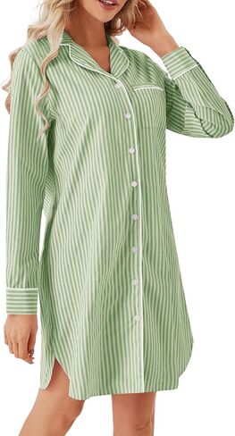 Vrtige Women's Striped Nightgown Collar V Neck Long Sleeve Button Down Nightwear Top Sleep Shirts Nightdress in Saudi Arabia
