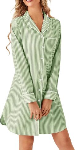Vrtige Women's Striped Nightgown Collar V Neck Long Sleeve Button Down Nightwear Top Sleep Shirts Nightdress in Saudi Arabia