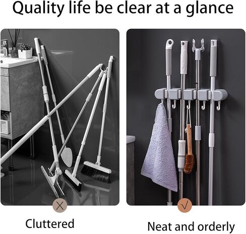 حامل مكنسة وممسحة مثبت على الحائط، 5 خطافات و4 فتحات، منظم رف أدوات الحديقة اللاصق لغرفة غسيل المرآب في الخزانة، شماعة مضادة للانزلاق للمكانس والمماسح والمكابس ومجارف الغبار، 13 × 2.2 × 1.8 بوصة in Kuwait