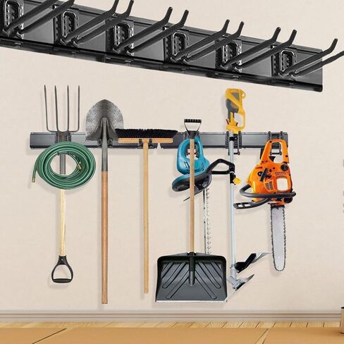 Tool Storage Rack with 6 Hooks 3 Rails Garage Wall Mount Tool Storage Hook Heavy Duty Garden Tool Hanger Rack, Max 462 lbs for Ski Gears, Chair, Broom, Mop, Rake Shovel Yard Tools in Saudi Arabia