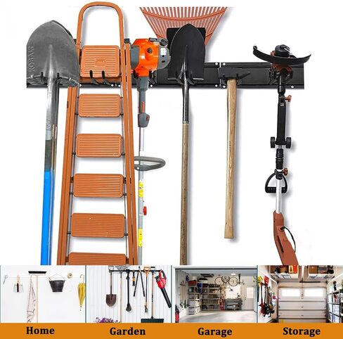 Tool Storage Rack with 6 Hooks 3 Rails Garage Wall Mount Tool Storage Hook Heavy Duty Garden Tool Hanger Rack, Max 462 lbs for Ski Gears, Chair, Broom, Mop, Rake Shovel Yard Tools in Saudi Arabia