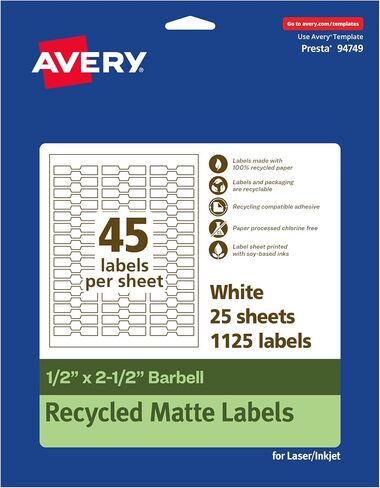 Avery EcoFriendly Matte White Recycled Barbell Labels, 0.5" x 2.5", Matte White Labels, Permanent Label Adhesive, Laser/Inkjet, 450 Printable Labels in Saudi Arabia