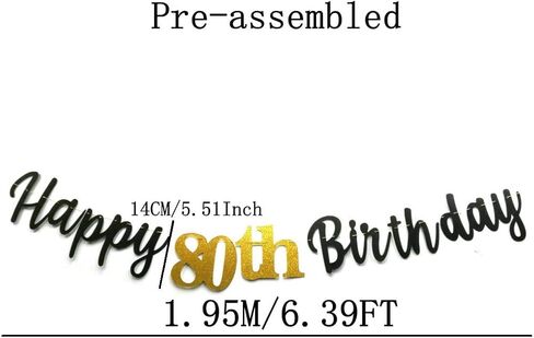Black Happy 80th Birthday Banner Sign Gold Glitter 80 Years Birthday Party Decorations Supplies Anniversary Celebration Backdrop Pre-Assembled (Black) in Saudi Arabia