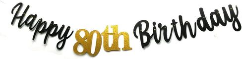 Black Happy 80th Birthday Banner Sign Gold Glitter 80 Years Birthday Party Decorations Supplies Anniversary Celebration Backdrop Pre-Assembled (Black) in Saudi Arabia