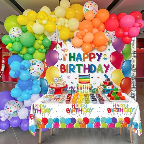 115Pcs Rainbow Party Decorations Birthday Supplies Colorful Balloons Garland Arch Kit Happy Birthday Backdrop Tablecloth Kids Girls Boys Rainbow Theme Birthday Party Decorations Decor in Saudi Arabia