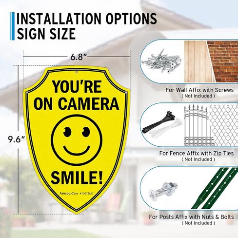 Faittoo Smile You're On Camera Sign، لافتات مراقبة فيديو في الهواء الطلق، عبوتان، 9.6 × 6.8 بوصة علامة تحذير عاكسة من الألومنيوم لكاميرا أمان CCTV للأعمال المنزلية، مقاومة للطقس، شكل درع in Kuwait