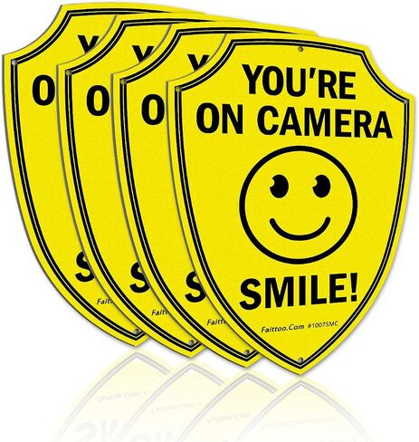 Faittoo Smile You're On Camera Sign، لافتات مراقبة فيديو في الهواء الطلق، عبوتان، 9.6 × 6.8 بوصة علامة تحذير عاكسة من الألومنيوم لكاميرا أمان CCTV للأعمال المنزلية، مقاومة للطقس، شكل درع in Kuwait