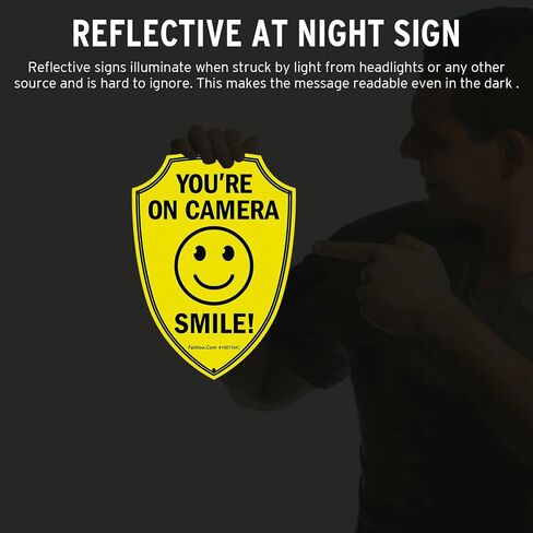 Faittoo Smile You're On Camera Sign، لافتات مراقبة فيديو في الهواء الطلق، عبوتان، 9.6 × 6.8 بوصة علامة تحذير عاكسة من الألومنيوم لكاميرا أمان CCTV للأعمال المنزلية، مقاومة للطقس، شكل درع in Kuwait