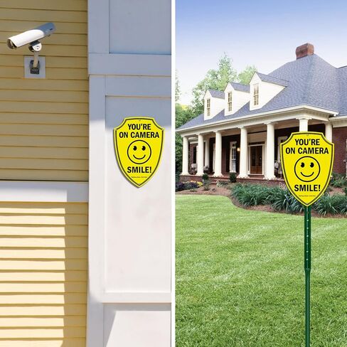 Faittoo Smile You're On Camera Sign، لافتات مراقبة فيديو في الهواء الطلق، عبوتان، 9.6 × 6.8 بوصة علامة تحذير عاكسة من الألومنيوم لكاميرا أمان CCTV للأعمال المنزلية، مقاومة للطقس، شكل درع in Kuwait