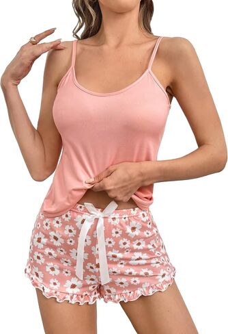 Verdusa Women's 2 Piece Pajama Set Solid Cami Top and Floral Print Shorts Nightwear in Saudi Arabia