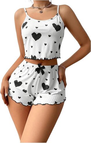 Women's 2 Piece Pajama Set Heart Print Bow Front Lettuce Trim Pj Shorts Set Cute Soft Sleepwear in Saudi Arabia