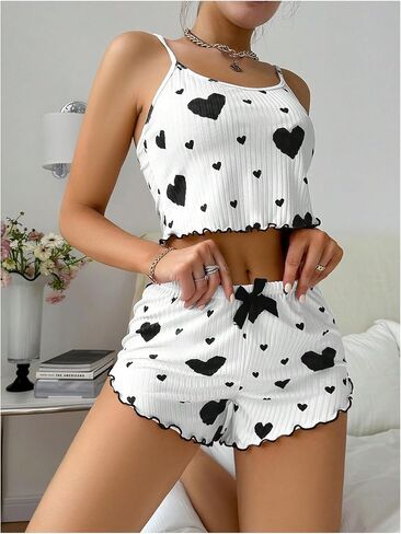 Women's 2 Piece Pajama Set Heart Print Bow Front Lettuce Trim Pj Shorts Set Cute Soft Sleepwear in Saudi Arabia