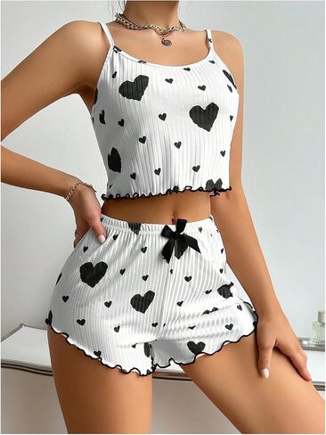 Women's 2 Piece Pajama Set Heart Print Bow Front Lettuce Trim Pj Shorts Set Cute Soft Sleepwear in Saudi Arabia
