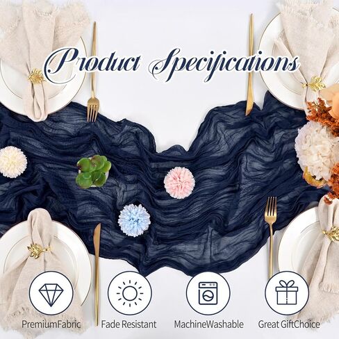 24 عبوة من مفرش طاولة من القماش القطني، مفرش طاولة من القماش القطني باللون الأزرق الداكن مقاس 10 أقدام من شاش بوهو الريفي مفرش طاولة طويل لحفلات الزفاف وحفلات الزفاف وحفلات أعياد الميلاد وديكور الطاولة. (20 × 120 بوصة) in Kuwait