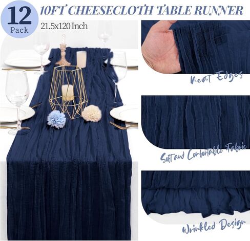 24 عبوة من مفرش طاولة من القماش القطني، مفرش طاولة من القماش القطني باللون الأزرق الداكن مقاس 10 أقدام من شاش بوهو الريفي مفرش طاولة طويل لحفلات الزفاف وحفلات الزفاف وحفلات أعياد الميلاد وديكور الطاولة. (20 × 120 بوصة) in Kuwait