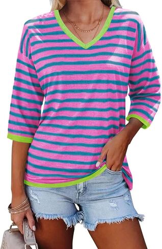 تيشيرتات نسائية صيفية بأكمام 3/4 من Dailiup كاجوال برقبة على شكل حرف V وتيز سادة وجذابة وبلوزات علوية أساسية in Kuwait