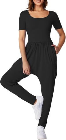 Casei Womens Jumpsuits Dressy Casual Outfits Short Sleeve Square Neck Overalls Romper With Pockets in Saudi Arabia