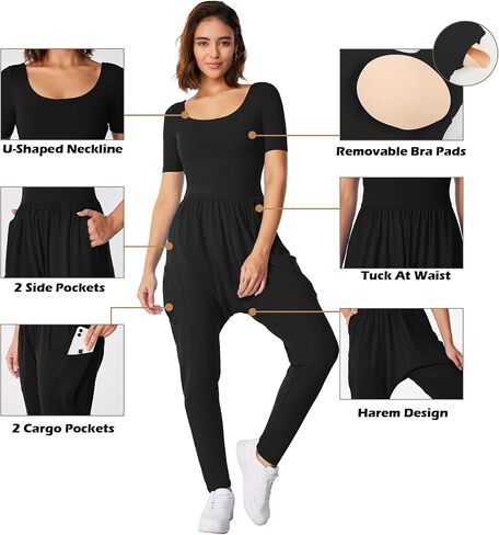 Casei Womens Jumpsuits Dressy Casual Outfits Short Sleeve Square Neck Overalls Romper With Pockets in Saudi Arabia