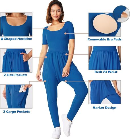 Casei Womens Jumpsuits Dressy Casual Outfits Short Sleeve Square Neck Overalls Romper With Pockets in Saudi Arabia