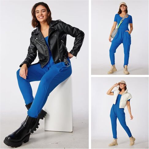 Casei Womens Jumpsuits Dressy Casual Outfits Short Sleeve Square Neck Overalls Romper With Pockets in Saudi Arabia