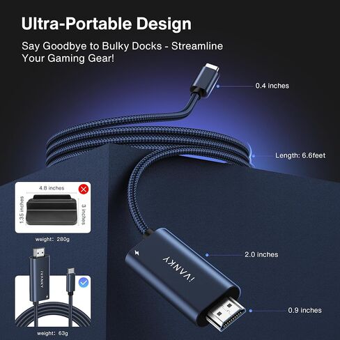 IVANKY 2 في 1 USB C إلى HDMI 100W كابل شحن لسطح البخار OLED/ASUS ROG Ally X/MSI Claw، كابل مجدول من النايلون 4K@60 هرتز، موصل محول تلفزيون محمول للسفر لتمديد شاشة التلفزيون، أزرق منتصف الليل in Kuwait