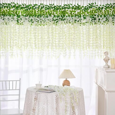 Sunm Boutique 12 Pack Wisteria Hanging Flowers, 3.6 Feet Wisteria Flowers Hanging Garland, Silk Artificial Wisteria Flower Vine String for Wedding Party Home Office Wall Decor (White) in Kuwait