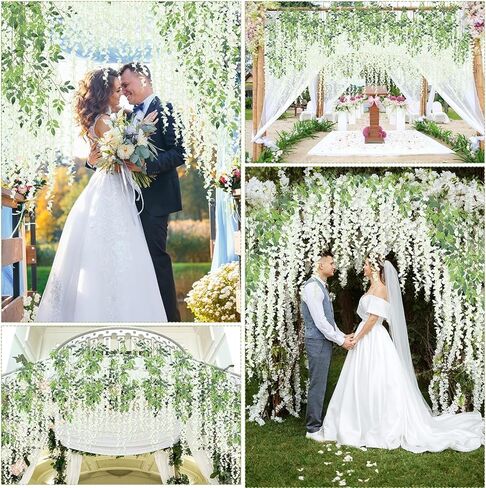 Sunm Boutique 12 Pack Wisteria Hanging Flowers, 3.6 Feet Wisteria Flowers Hanging Garland, Silk Artificial Wisteria Flower Vine String for Wedding Party Home Office Wall Decor (White) in Kuwait