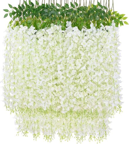 Sunm Boutique 12 Pack Wisteria Hanging Flowers, 3.6 Feet Wisteria Flowers Hanging Garland, Silk Artificial Wisteria Flower Vine String for Wedding Party Home Office Wall Decor (White) in Kuwait