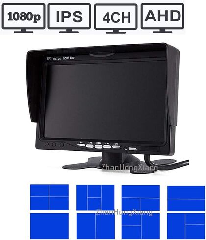 كاميرا احتياطية HD 1080P شاشة 7 بوصات، طقم كاميرا سلكية بمرآة الرؤية الخلفية للسيارة 4X 4 Pin AHD + شاشة IPS 4 سبليت مقاس 7 بوصات لشاحنة الحافلة مقطورة RV شديدة التحمل A701 in Kuwait