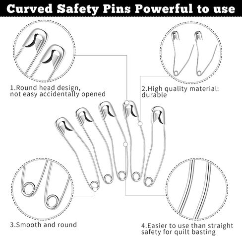 200 Pcs Curved Safety Pins, 1.5 inch Quilting Basting Pins with Box, Bent Safety Pins, Sewing Safety Pins Accessories for Quick Basting Knitting and Quilting(Silver) in Saudi Arabia