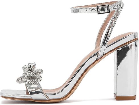 Rhinestone Heels for Women Sparkling Bow Sandals Slingback Square Toe Chunky Block Heels for Party Wedding in Saudi Arabia