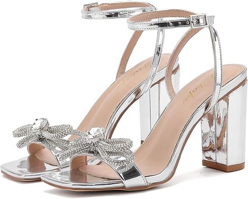 Rhinestone Heels for Women Sparkling Bow Sandals Slingback Square Toe Chunky Block Heels for Party Wedding in Saudi Arabia