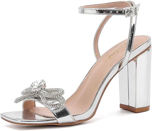 Rhinestone Heels for Women Sparkling Bow Sandals Slingback Square Toe Chunky Block Heels for Party Wedding in Saudi Arabia