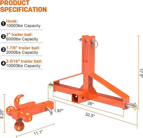 Orange 3 Point Trailer Hitch 2" Receiver and Trailer Ball Hitch with Hook, Tractor Mover Drawbar Hitch, 3 Pt Quick Hitch Farm Equipment and Subcompact Trailer Hitch for Tractor Standard Category 1 in Saudi Arabia