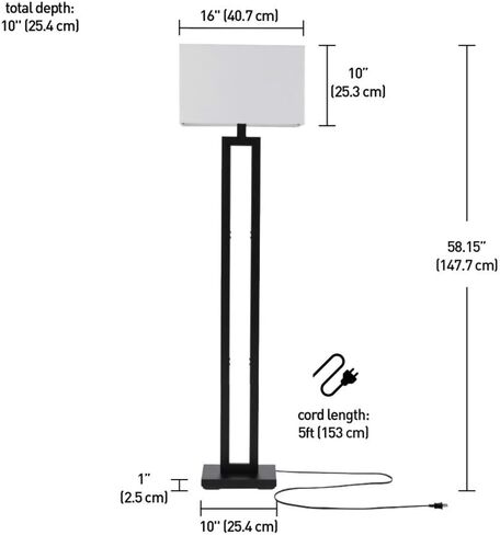 Globe Electric 61000052 60" Floor Lamp, Matte Black, Square White Fabric Shade, On/Off Rotary Switch on Socket, Square Rod, Reading Lamp, Home Office Accessories, Home Décor, Home Improvement in Saudi Arabia