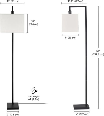 Globe Electric 61000052 60" Floor Lamp, Matte Black, Square White Fabric Shade, On/Off Rotary Switch on Socket, Square Rod, Reading Lamp, Home Office Accessories, Home Décor, Home Improvement in Saudi Arabia
