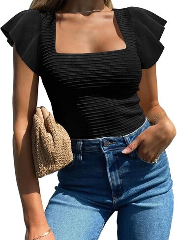 BZB Womens Summer Tops 2024 Ruffle Sleeve Square Neck Shirts Casual Slim Fitted Ribbed Knit Blouse in Saudi Arabia