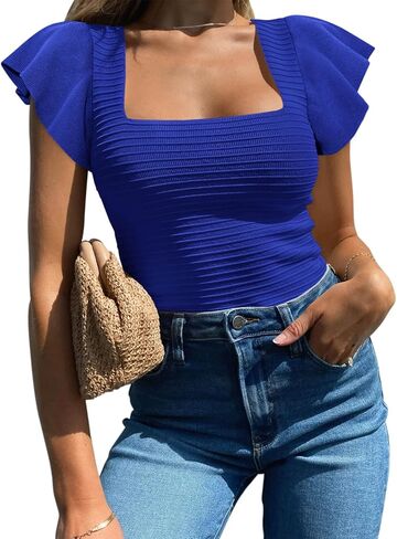 BZB Womens Summer Tops 2024 Ruffle Sleeve Square Neck Shirts Casual Slim Fitted Ribbed Knit Blouse in Saudi Arabia