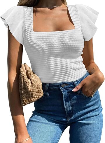 BZB Womens Summer Tops 2024 Ruffle Sleeve Square Neck Shirts Casual Slim Fitted Ribbed Knit Blouse in Saudi Arabia